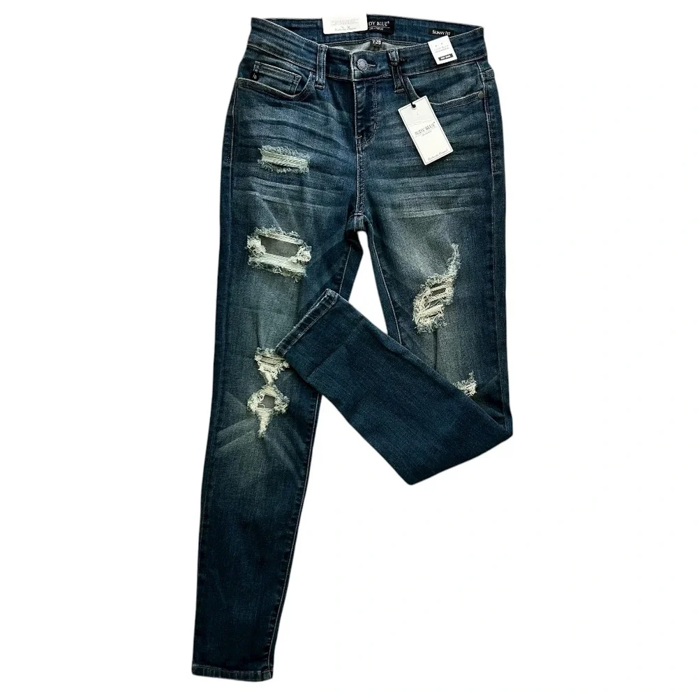 JUDY BLUE Women’s Mid Rise Skinny Fit Jeans Exclusive Modern Distressed 7/28 NWT